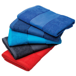 Red, gray, blue towels